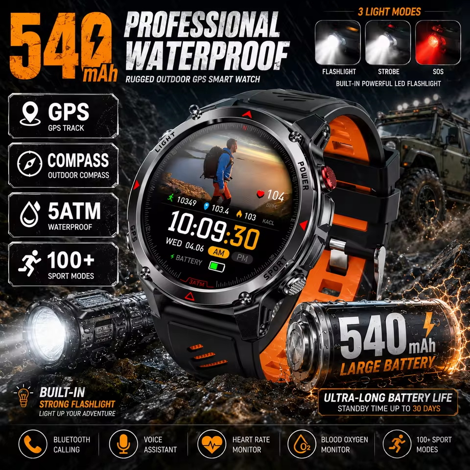 Smartwatch Watches For Men With Gps - Militärische 540mAh GPS Smartwatch 3ATM Wasserdicht